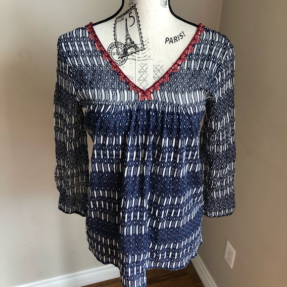 NWT Lucky Brand Vneck boho pullover top semi-sheer - Picture 2 of 8